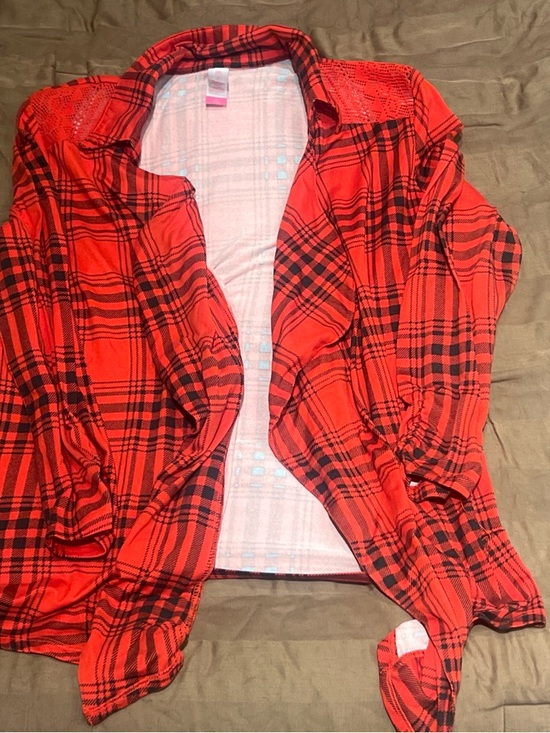 Tops - Red & Black Plaid Open Cardigan Shirt